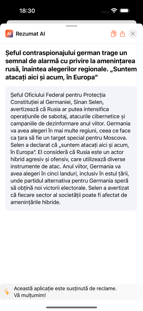 Interface of the Stiri din Romania app showing an AI-generated summary of a news article
