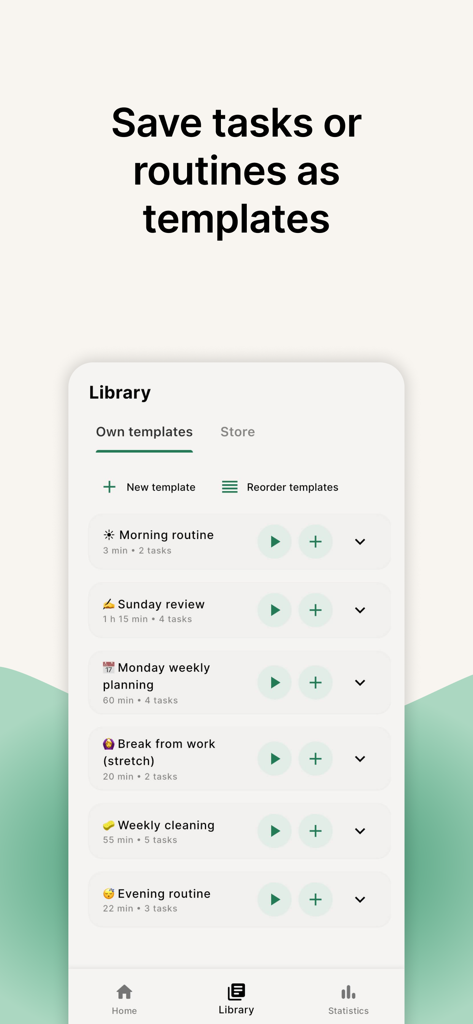 FlowStack: Focus Task Timer - Interface do aplicativo FlowStack mostrando uma biblioteca de modelos de rotina salvos como rotina matinal e planejamento semanal.