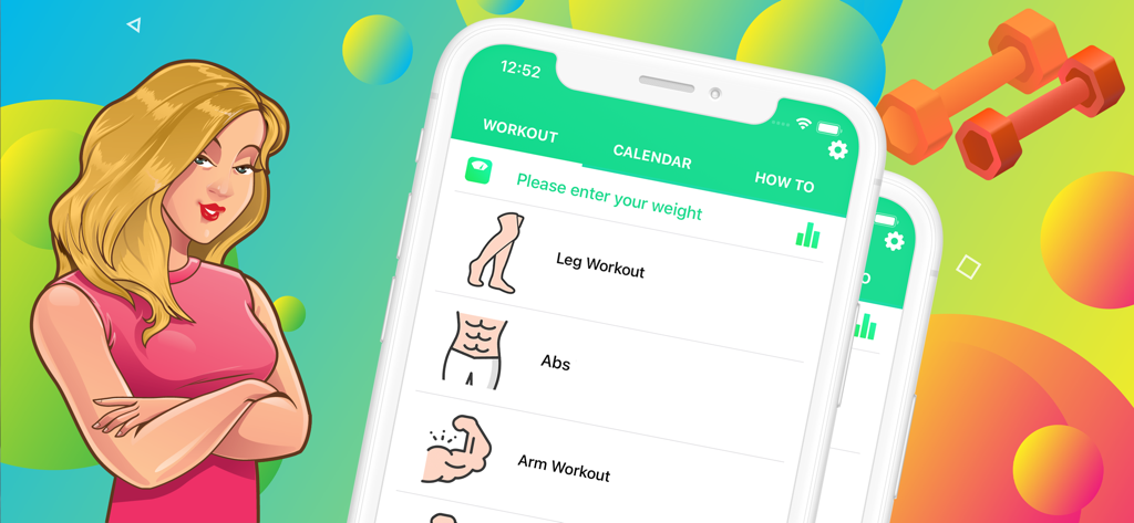 Summertime Saga: Workout App - Interfaccia dell'app Summertime Saga Workout che mostra esercizi per gambe e addominali con una donna illustrata