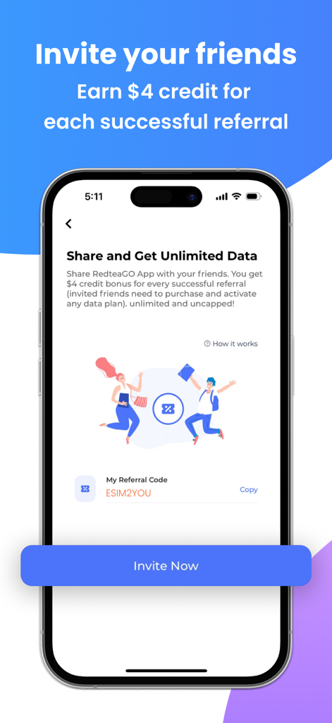 RedteaGO app screen showing how to earn 4 dollars credit by inviting friends