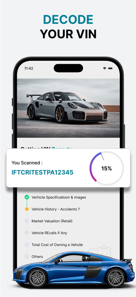 VIN Number Check and Decoder - Una pantalla de teléfono inteligente que muestra la aplicación Verificación y Decodificador de Número VIN escaneando un número de identificación de vehículo para generar un informe de historial.
