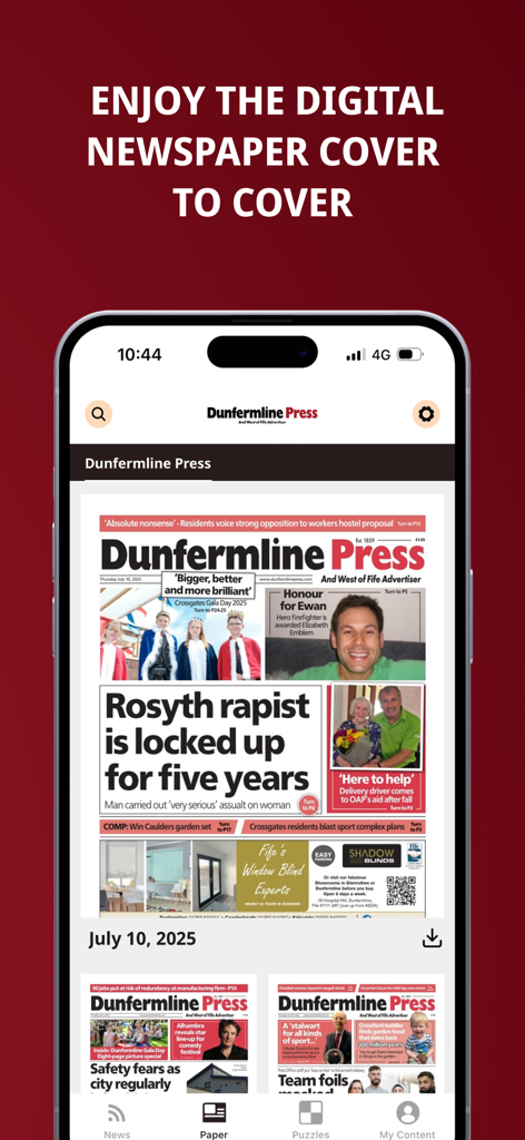 Screenshot of the Dunfermline Press mobile app showing a digital replica of the newspaper cover
