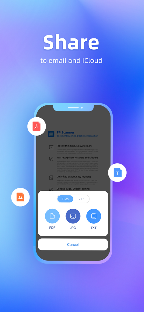 FP Scanner App-Oberfläche zum Teilen von PDF-, JPG- und TXT-Dokumenten per E-Mail und iCloud