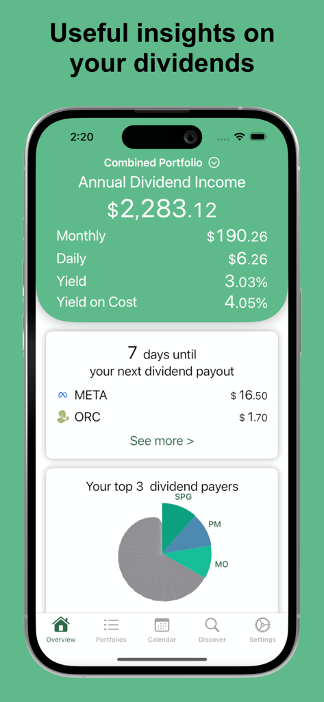 DivTracker app overview showing annual dividend income statistics and upcoming payouts