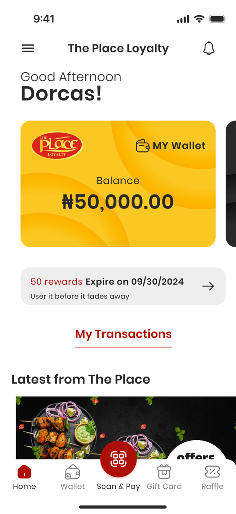 The Place Loyalty - The Place Loyalty app home screen showing digital wallet balance and reward points