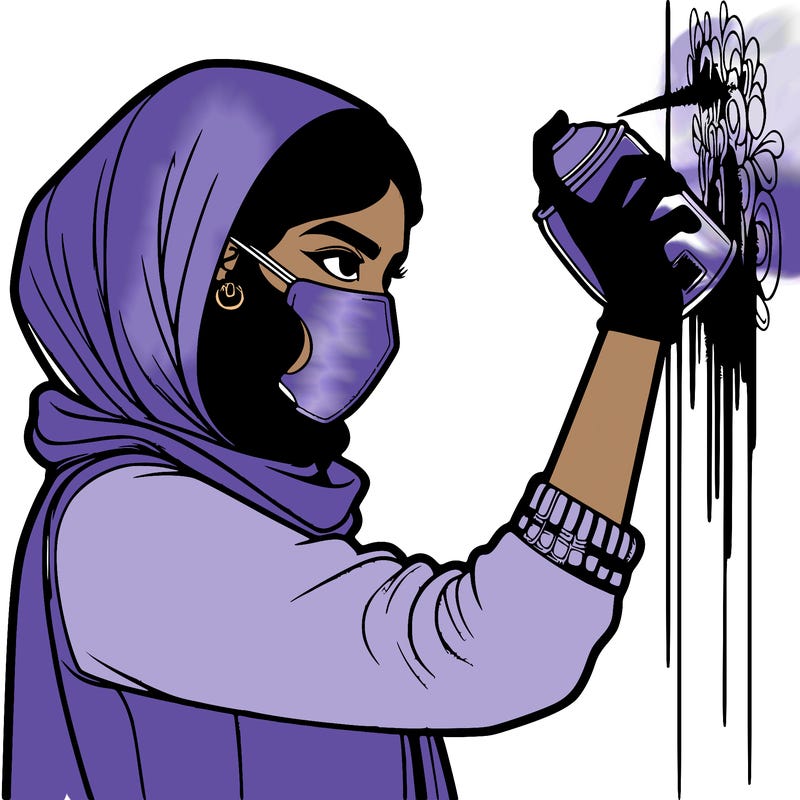 realistic girl with mask spray painting a wall