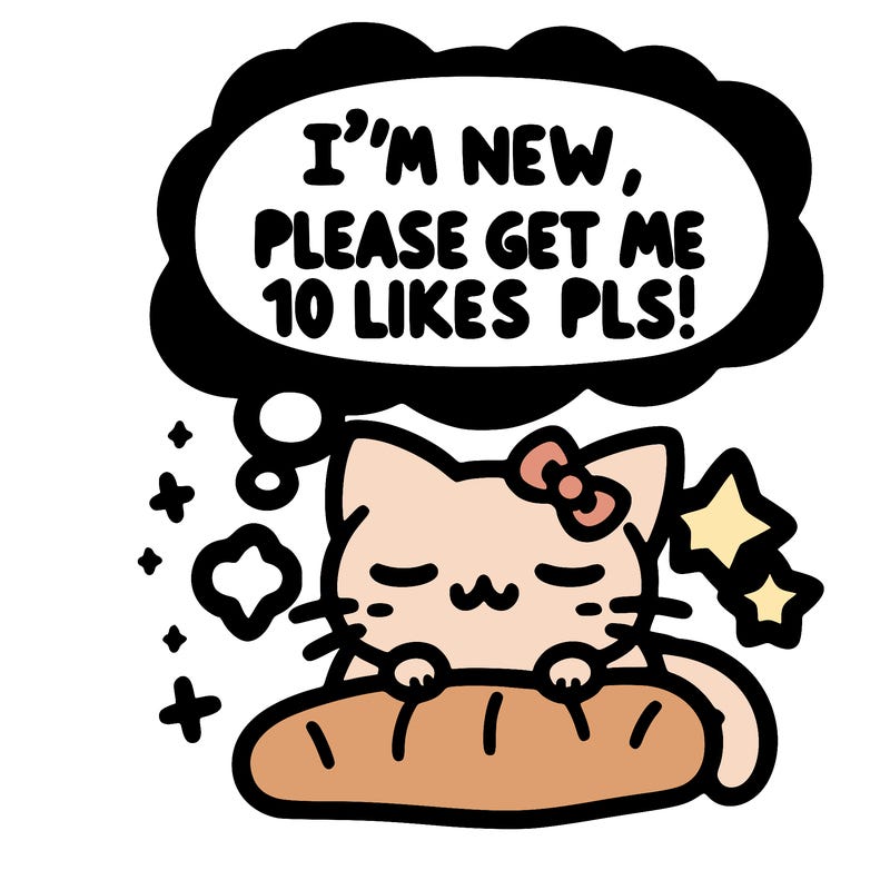 kitty taking a nap dream talking and saying "i'm new, please get me at least 10 likes pls!!"