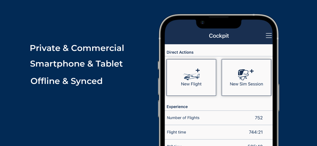 capzlog.aero pilot logbook - Cockpit dashboard of the capzlog.aero digital pilot logbook app showing flight statistics and new entry options