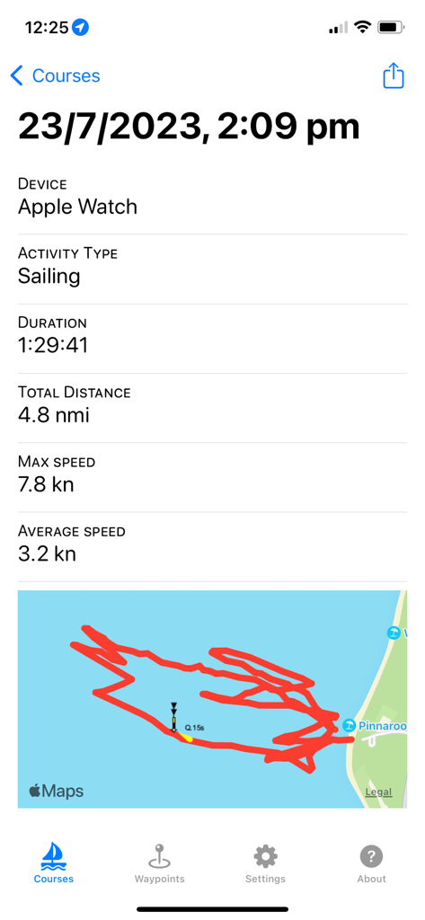 Watch Wayfinder - Schermata iPhone che mostra un riepilogo dell'attività velica con mappa della traccia GPS e statistiche nautiche da Apple Watch