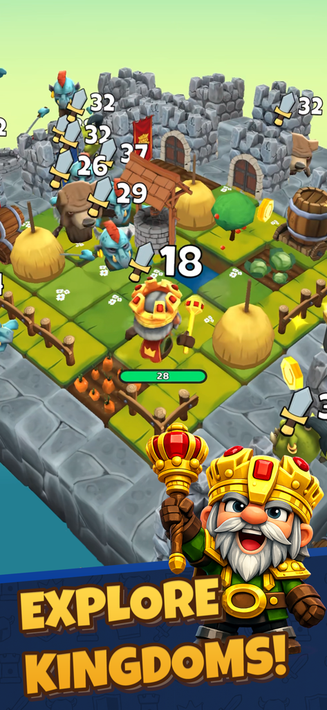 Slashy Knight - Slashy Knightのゲームプレイ画面。ボクセルワールドをナビゲートするキャラクターと、手前に陽気なドワーフの王様が描かれている。「王国を探検」のテキスト付き