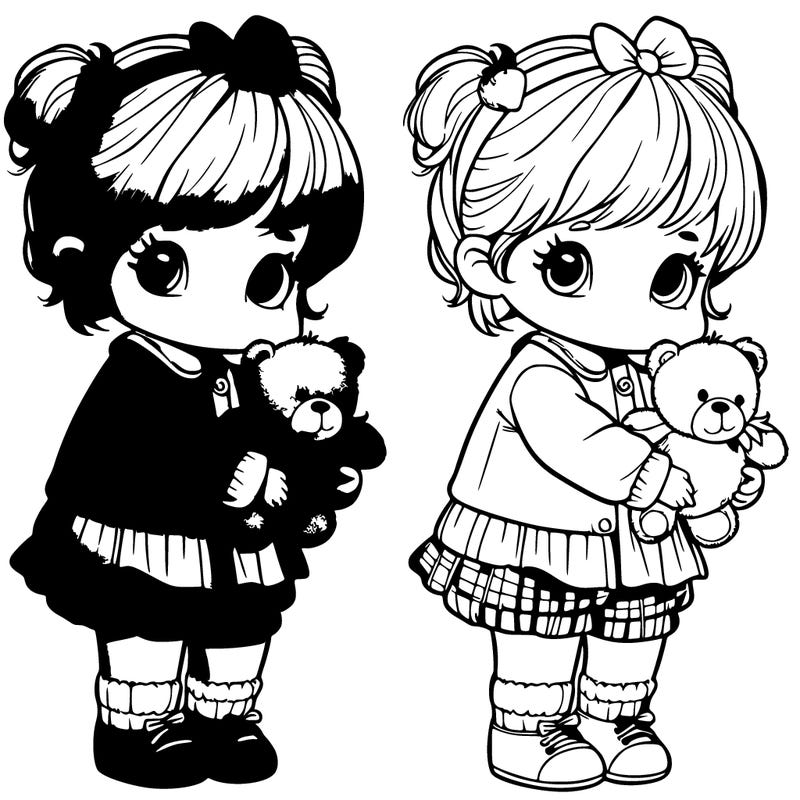 a littl girl that is 2 years old wearing a red strawberry clotht and grey small throwsers with a teddy bear