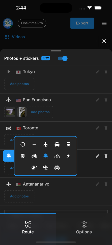 A mobile app interface showing travel route planning with various transportation icons for animated maps