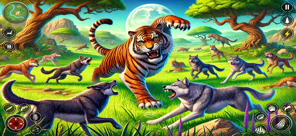 The Tiger Family Simulator 3D - A tiger defending itself against a pack of wolves in a grassy field under a full moon in the Tiger Family Simulator 3D game