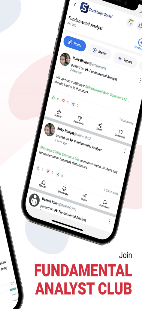 인도 주식에 대한 사용자 토론이 있는 기본 분석가 클럽 소셜 피드를 보여주는 StockEdge Social 앱 스크린샷