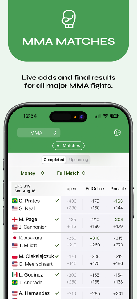 Oberfläche einer Sport-App, die Live-MMA-Wettquoten und Spielergebnisse anzeigt