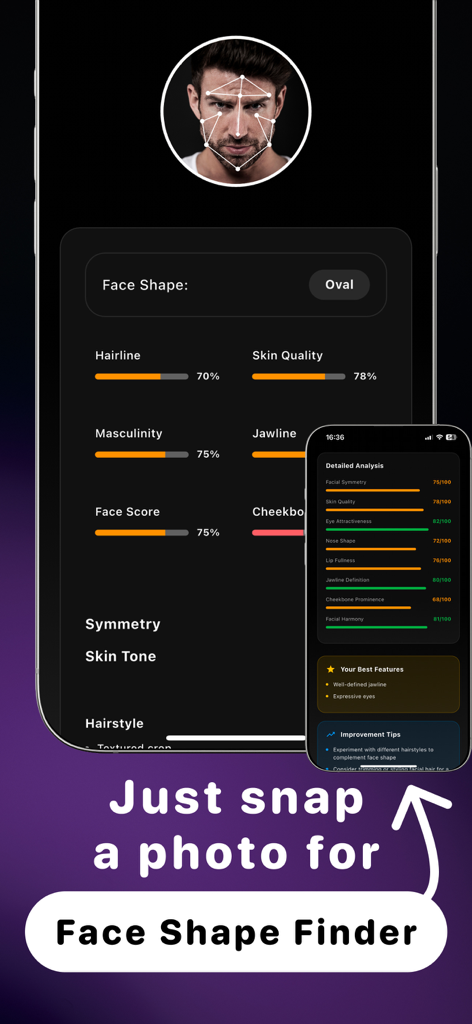 Face Shape Detector - LOOX - KI-Gesichtsform-Analyse in der LOOX-App, die Gesichtsform-Erkennung und Symmetrie-Bewertungen für einen männlichen Benutzer anzeigt
