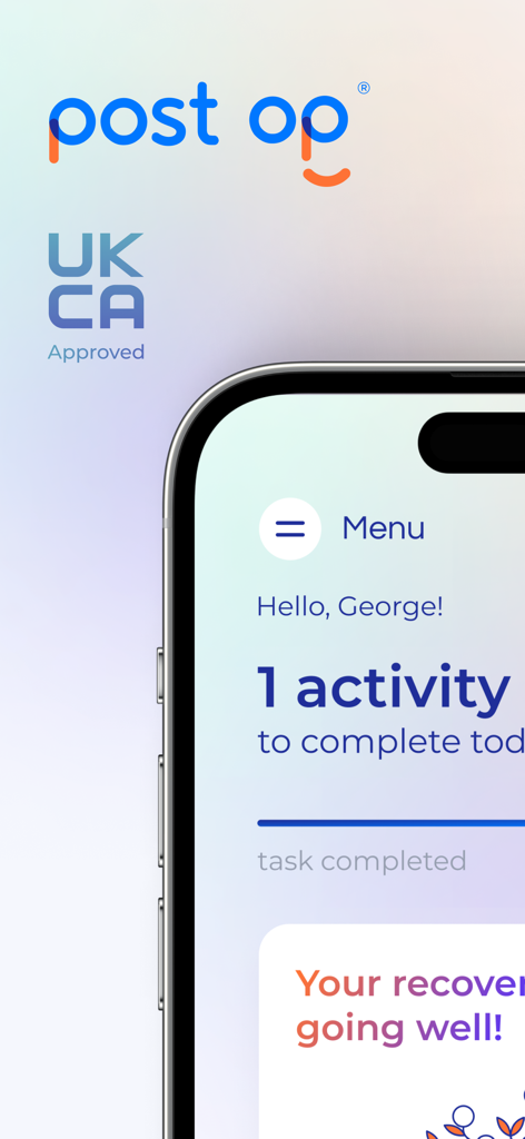 Post Op mobile app interface showing a personalized recovery dashboard with daily health tasks and progress tracking