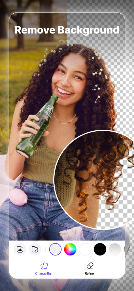 Object Removal AI - AI Retouch - 여성 초상화에 AI 배경 제거 기능이 표시된 모바일 앱 인터페이스