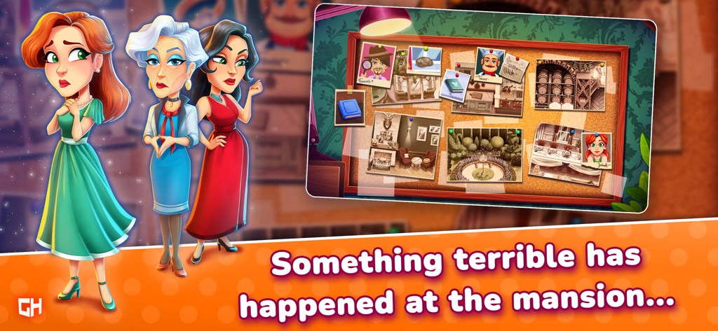 Delicious: Mansion Mystery - Emily y personajes de pie junto a un tablero de pruebas de misterio en la mansión