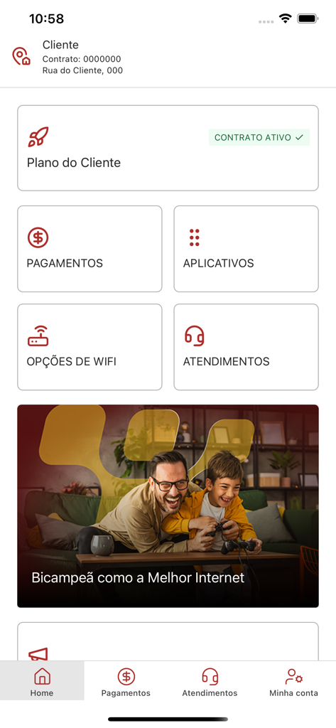 Desktop - Desktop app dashboard showing active contract status, payment options, wifi settings, and customer support buttons.