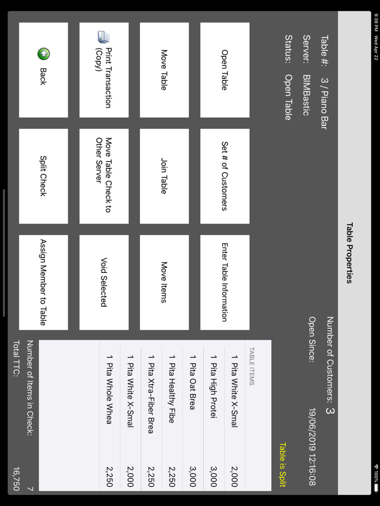 BIM PAD - Interfaz móvil de BIM PAD para la gestión de mesas de restaurante y el procesamiento de pedidos.