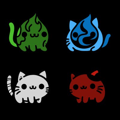 4 cats that represent the different elements, earth, water, air, and fire