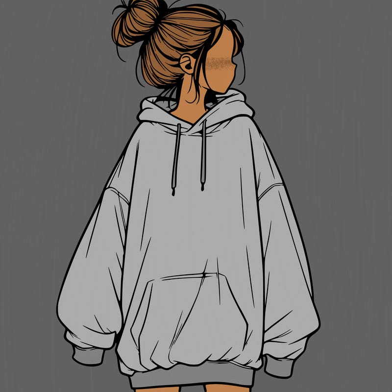 realistic girl with a oversized sweatshirt on and a bun
