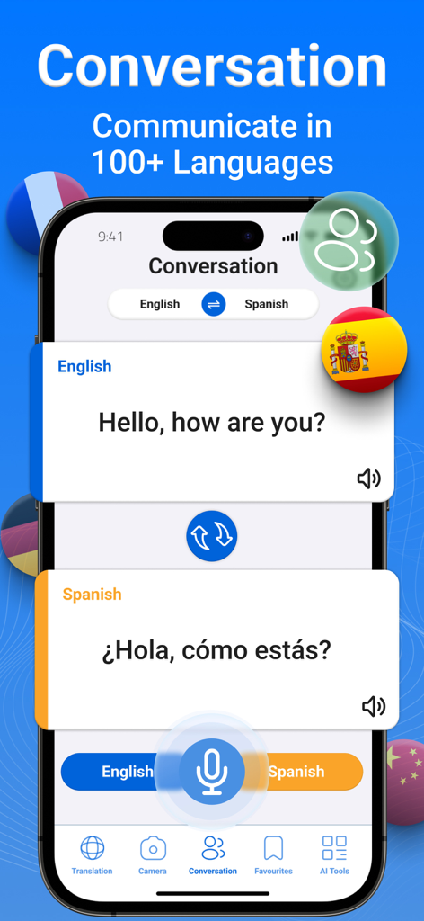 Aplicación Traductor IA mostrando una interfaz de conversación bilingüe entre inglés y español