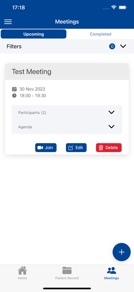 La pantalla de próximas reuniones en la aplicación médica EU CPMS 2.0 que muestra una discusión clínica programada.