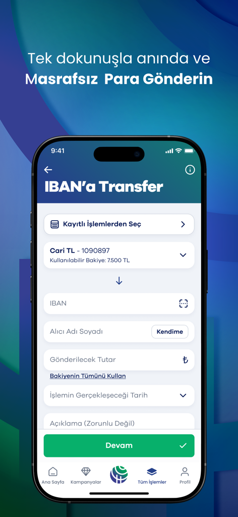 Hayat Finans - Hayat Finans mobile app interface showing a screen for free IBAN money transfers in Turkish.