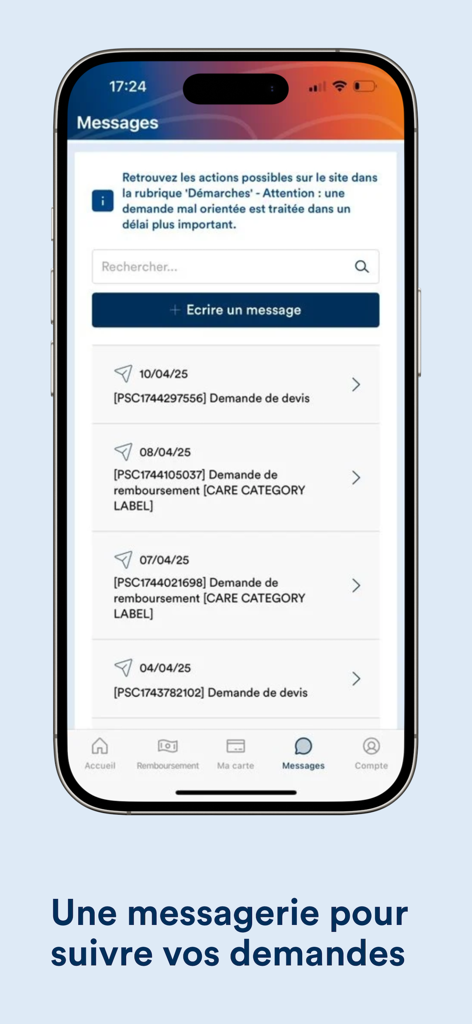 Interface de messagerie de l'application Vivinter montrant une liste de demandes et de réclamations d'assurance santé.