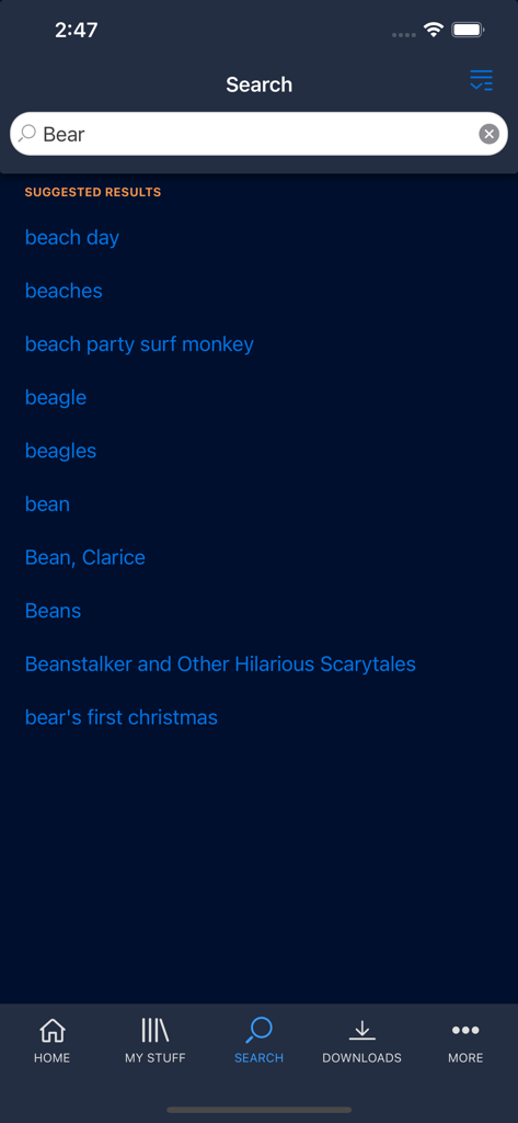 Destiny Discover - Search interface of the Destiny Discover app displaying suggested results for the term Bear