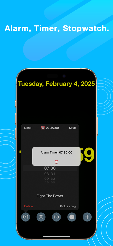 ClockZ | Clock Display + Alarm - Screenshot of the ClockZ app interface on a smartphone screen showing alarm timer and stopwatch settings with a large digital clock background.