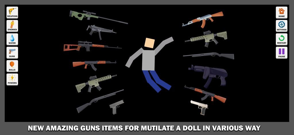 Ragdoll Simulator - Un personaje de palo rodeado de varios pistolas y rifles en el menú de sandbox de Ragdoll Simulator