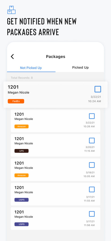 Resident Experience - Interface de l'application Expérience Résidentielle montrant une liste des colis livrés et les notifications du transporteur