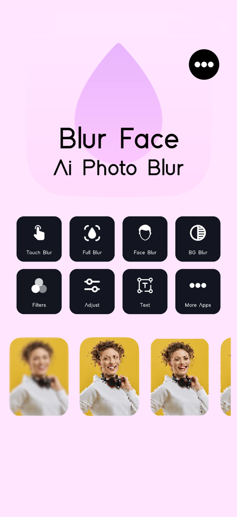 Blur Face - AI Photo Blur - Interface de l'application Flouter Visage - Flou Photo IA montrant divers outils d'édition comme Flou de Visage et Flou d'Arrière-plan.