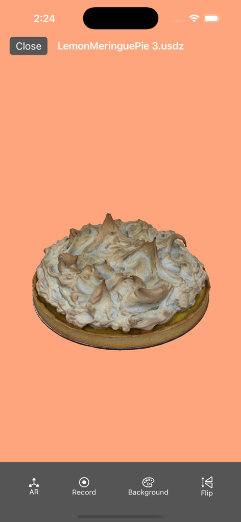 A 3D model of a lemon meringue pie in USDZ format displayed within the mobile app interface.