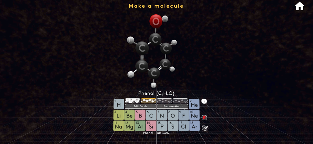 MEL VR Science Simulations - 3D phenol molecule model and interactive periodic table in the MEL VR Science app