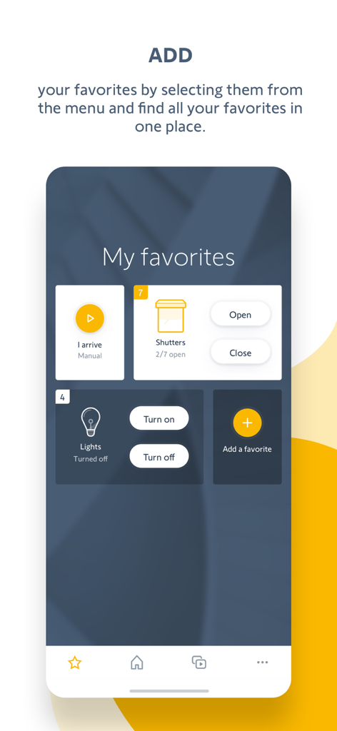 Painel de favoritos do aplicativo TaHoma by Somfy com controles de casa inteligente para luzes e estores