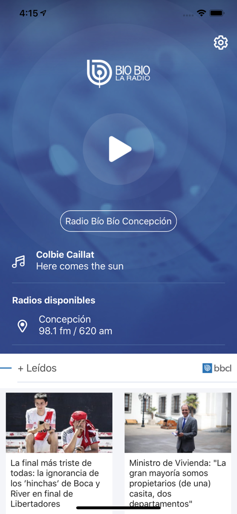 Interfaccia dell'app Radio Bio Bio con lettore audio live per Concepcion e un feed di notizie