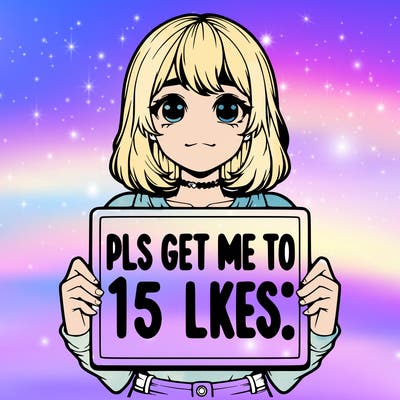 realistic girl holding up a sign that says “pls get me to 15 likes!”