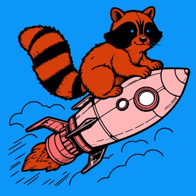 realistic raccoon flying on top rocket ship