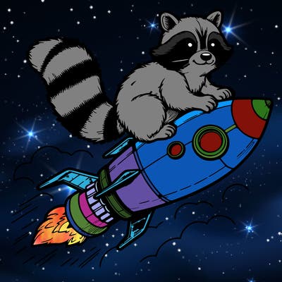 realistic raccoon flying on top rocket ship