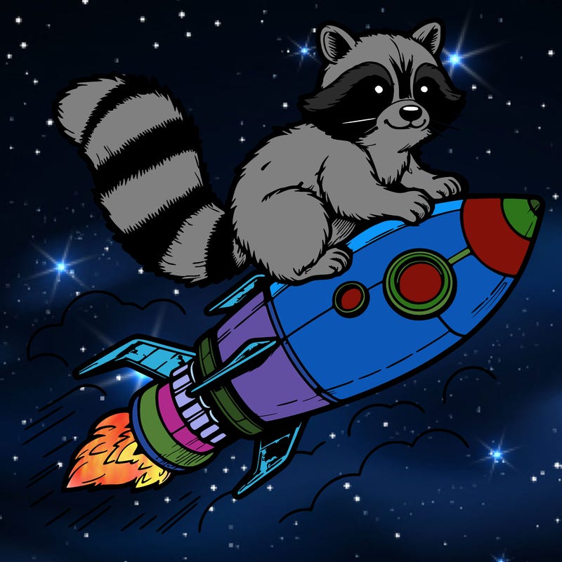realistic raccoon flying on top rocket ship