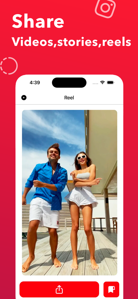 InSave : Story, Reels, Video - InSave app interface showing options to share and save social media video reels