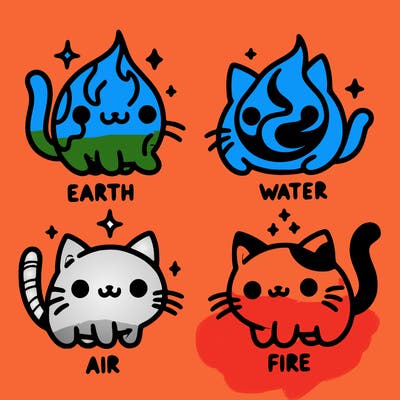 4 cats that represent the different elements, earth, water, air, and fire