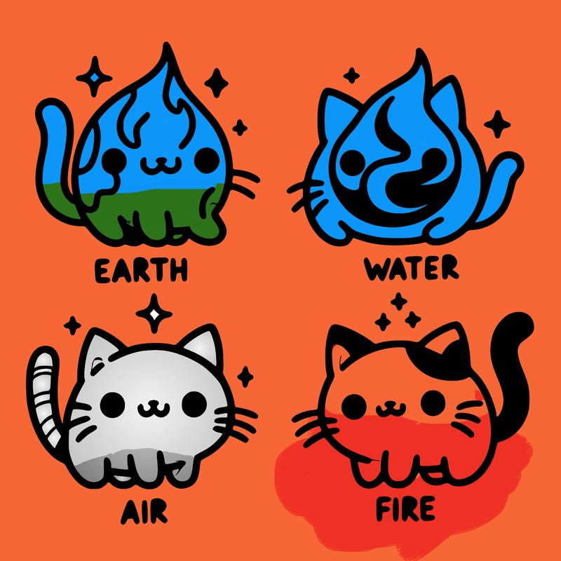 4 cats that represent the different elements, earth, water, air, and fire