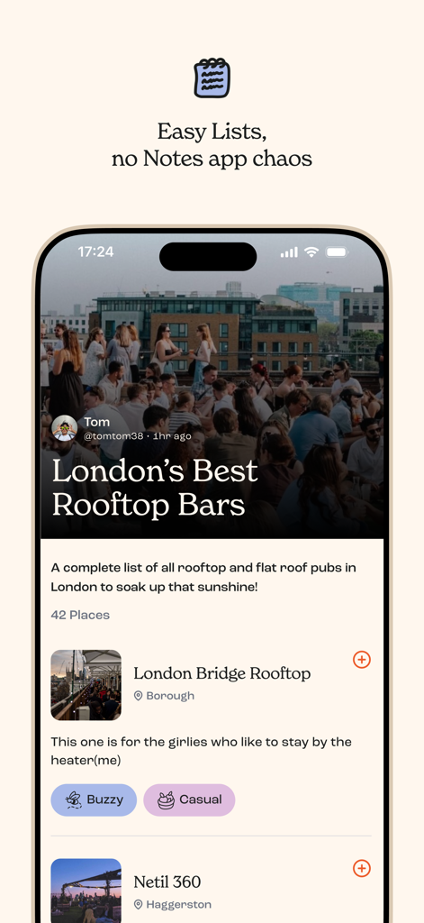 Appetite: Restaurant Tracking - Appetite app interface displaying a curated list of rooftop bars with user reviews and social tags.
