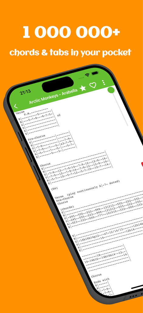 Guitar chords and tabs - Interfaz de aplicación móvil que muestra tablaturas de guitarra para una canción con un banner que destaca una biblioteca de más de un millón de acordes y tablaturas.