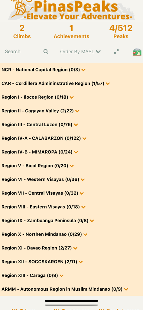 pinaspeaks - PinasPeaks app dashboard tracking climbs and summits across regions of the Philippines